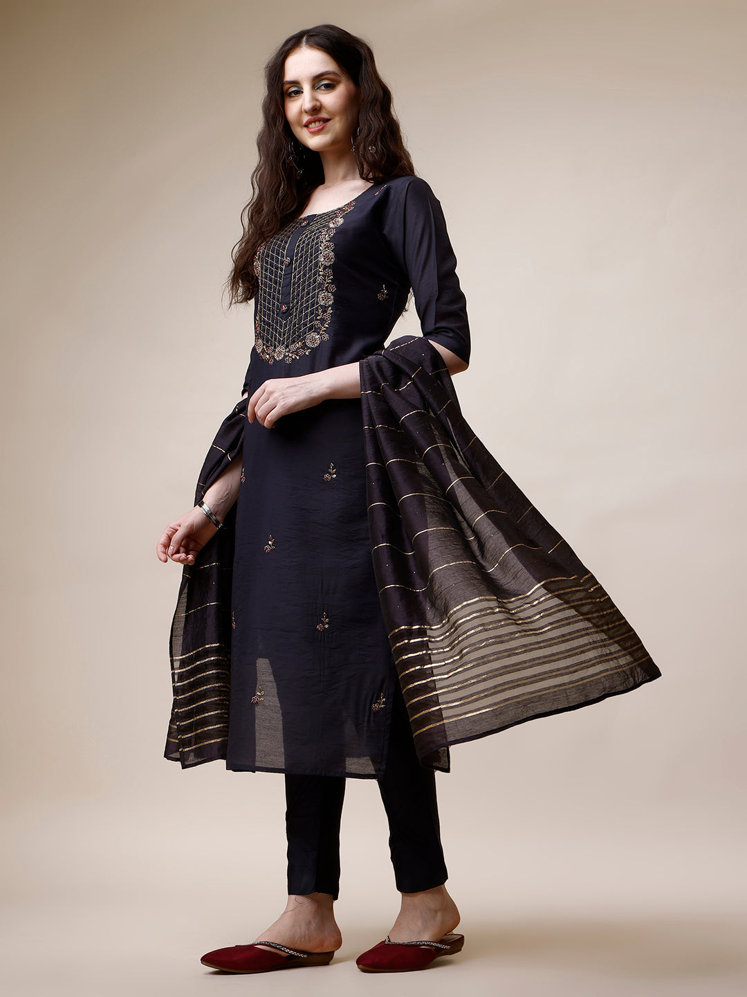 Embroidered Kurta With Pant And Dupatta Set, Multicolor - Hiral Fashion