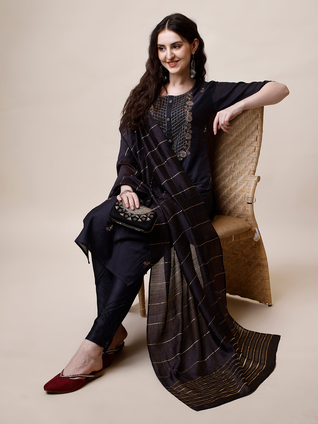 Embroidered Kurta With Pant And Dupatta Set, Multicolor - Hiral Fashion
