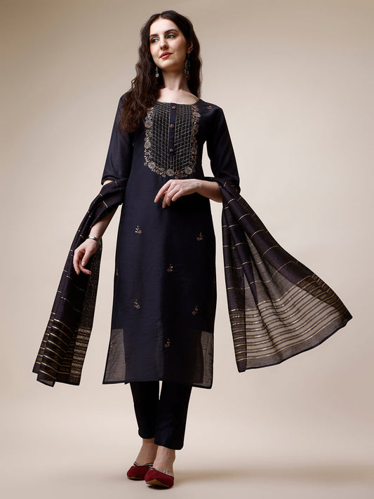 Embroidered Kurta With Pant And Dupatta Set, Multicolor - Hiral Fashion