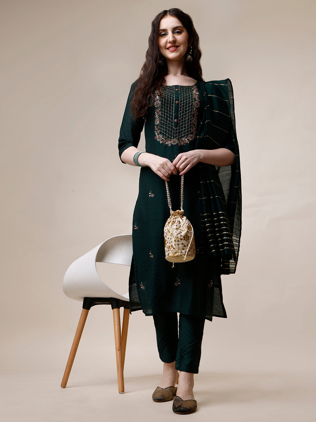 Embroidered Kurta With Pant And Dupatta Set, Multicolor - Hiral Fashion