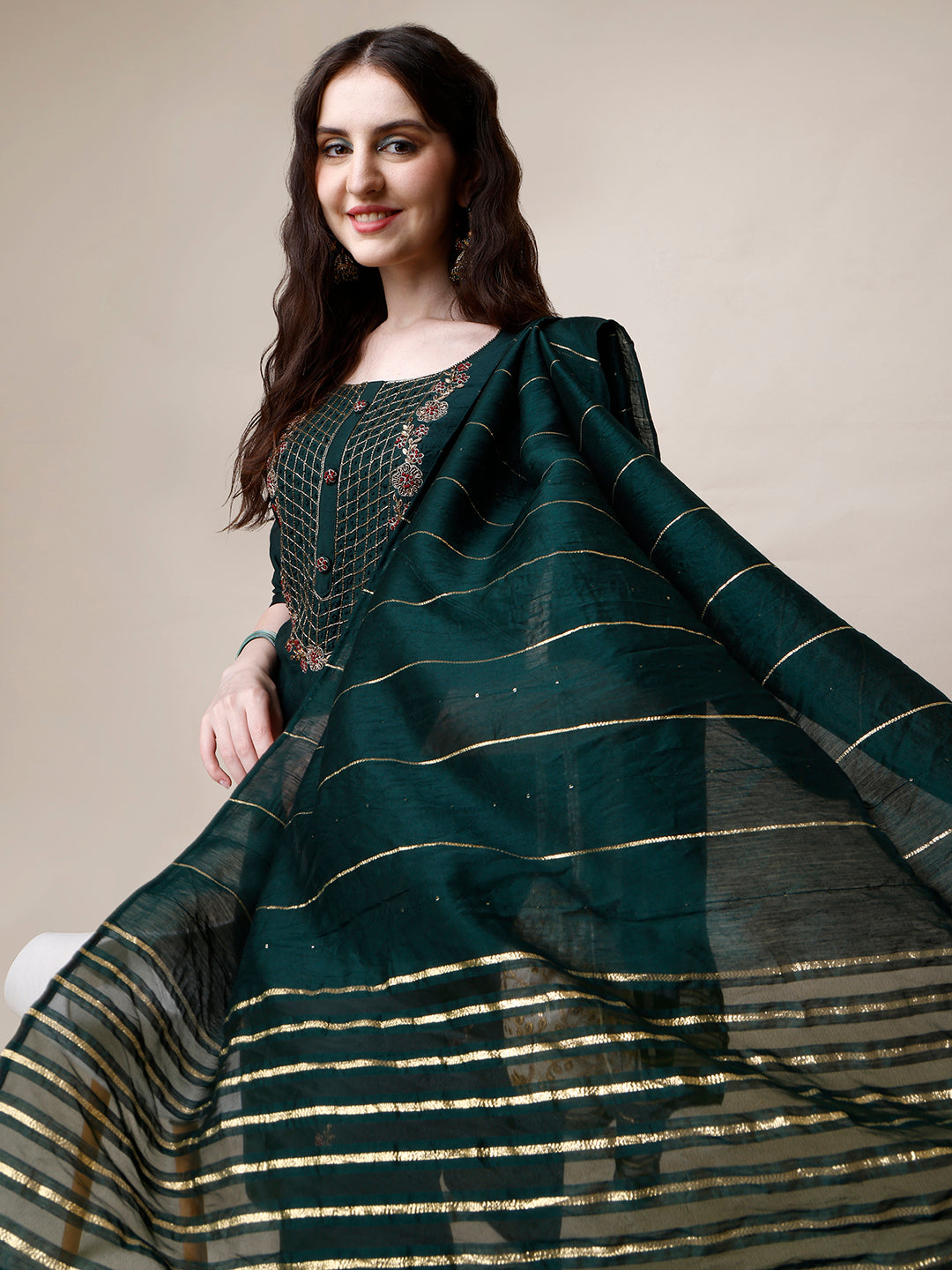Embroidered Kurta With Pant And Dupatta Set, Multicolor - Hiral Fashion