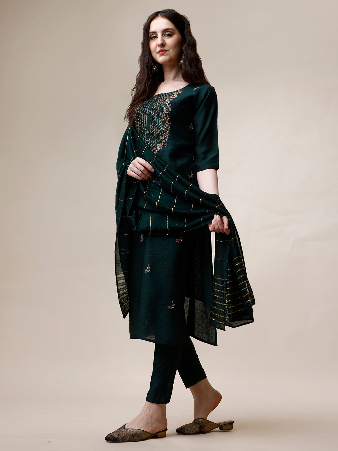 Embroidered Kurta With Pant And Dupatta Set, Multicolor - Hiral Fashion