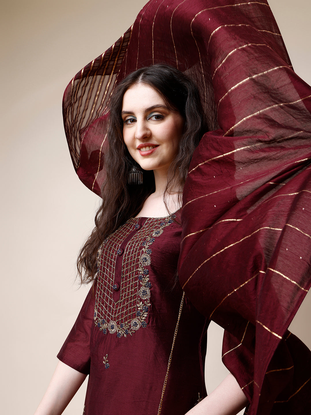Embroidered Kurta With Pant And Dupatta Set, Multicolor - Hiral Fashion