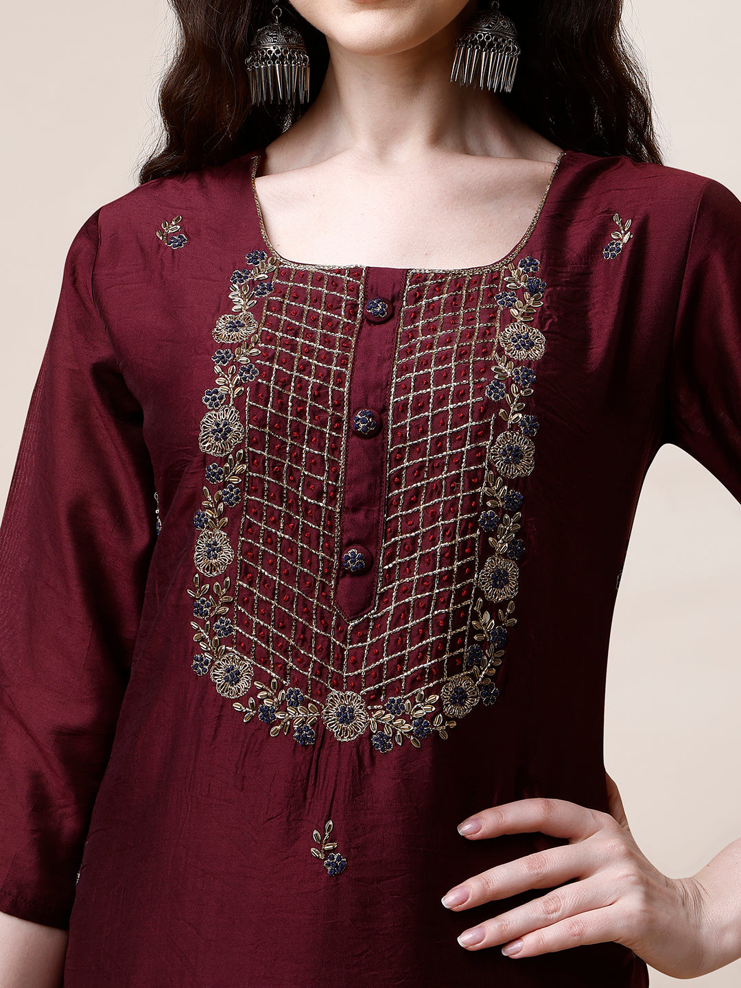 Embroidered Kurta With Pant And Dupatta Set, Multicolor - Hiral Fashion