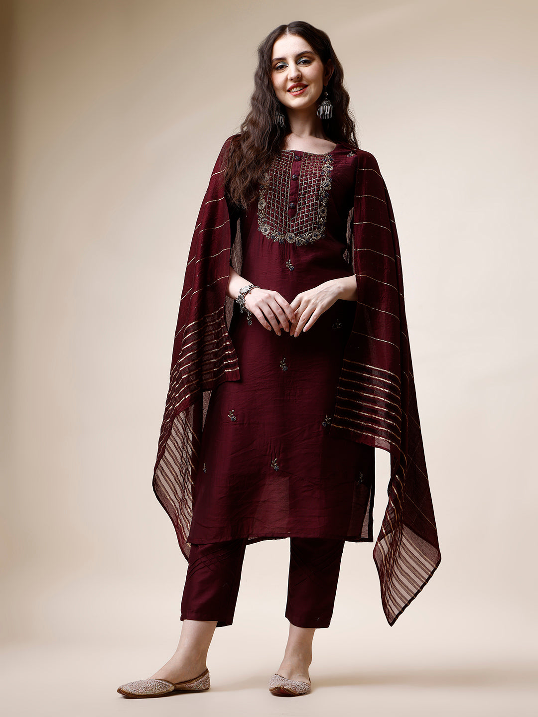 Embroidered Kurta With Pant And Dupatta Set, Multicolor - Hiral Fashion