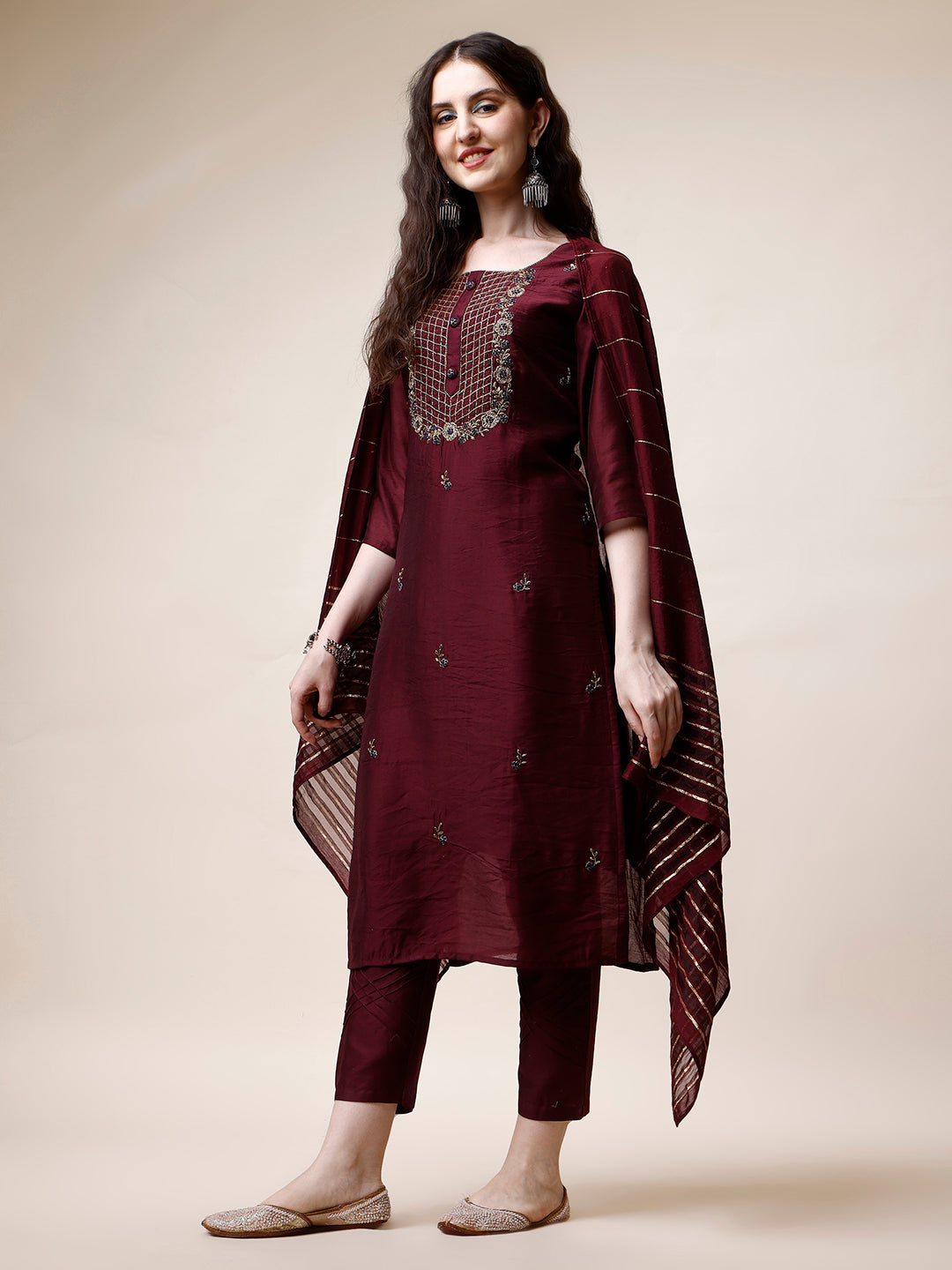 Embroidered Kurta With Pant And Dupatta Set, Multicolor - Hiral Fashion
