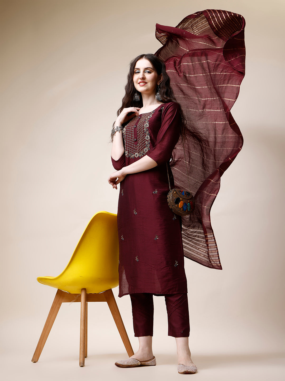Embroidered Kurta With Pant And Dupatta Set, Multicolor - Hiral Fashion