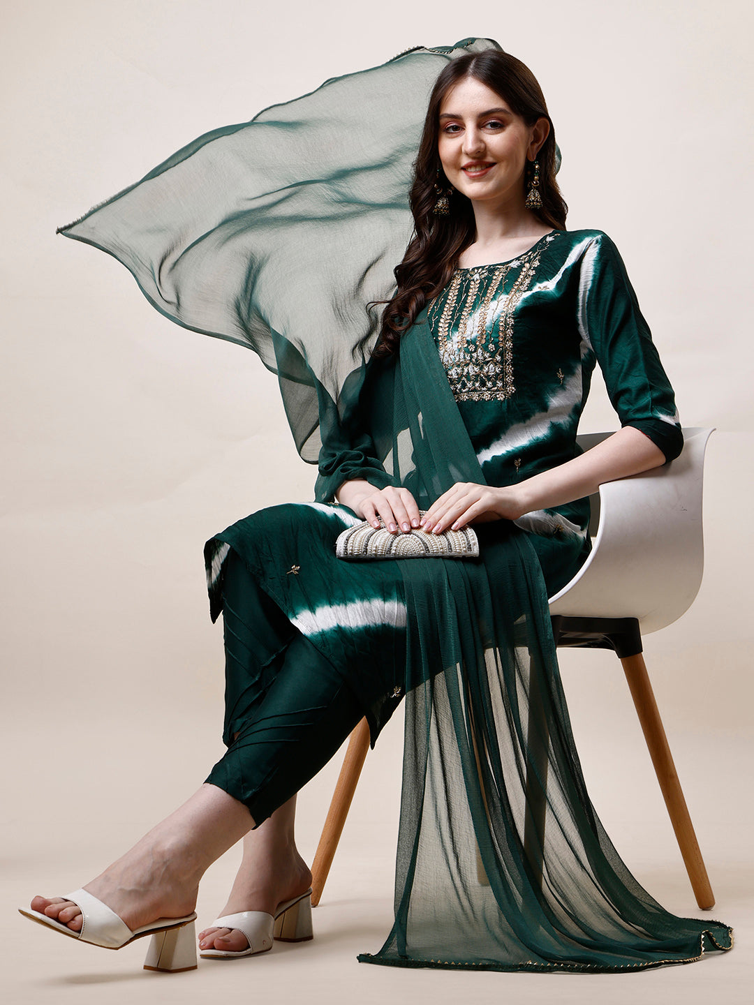 Embroidered And Leheriya Printed Kurta With Pant And Dupatta Set, Multicolor - Hiral Fashion