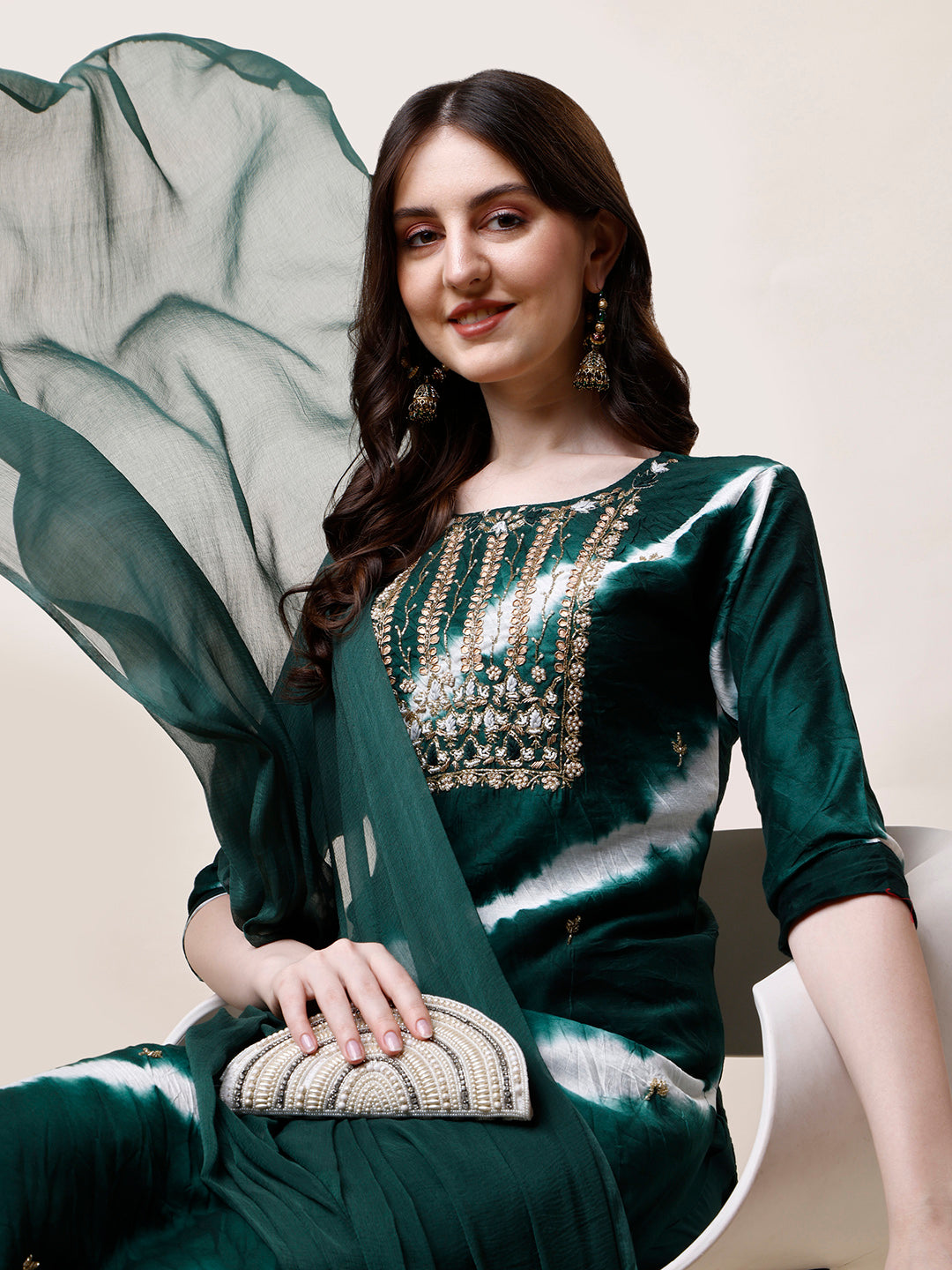 Embroidered And Leheriya Printed Kurta With Pant And Dupatta Set, Multicolor - Hiral Fashion