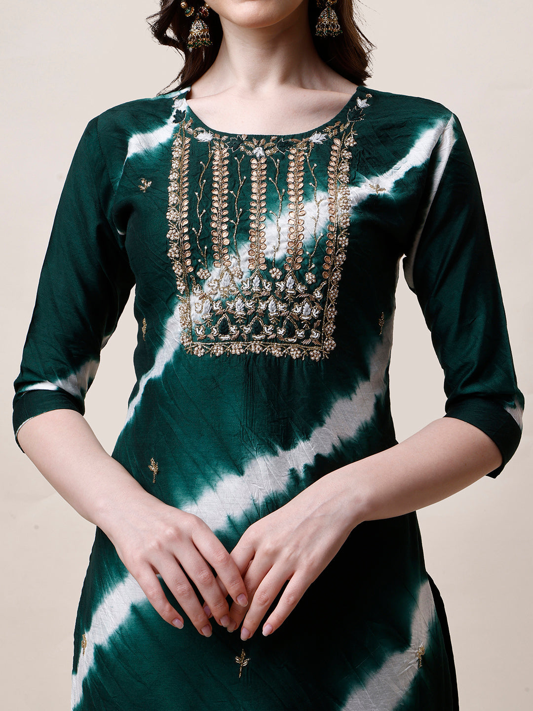 Embroidered And Leheriya Printed Kurta With Pant And Dupatta Set, Multicolor - Hiral Fashion