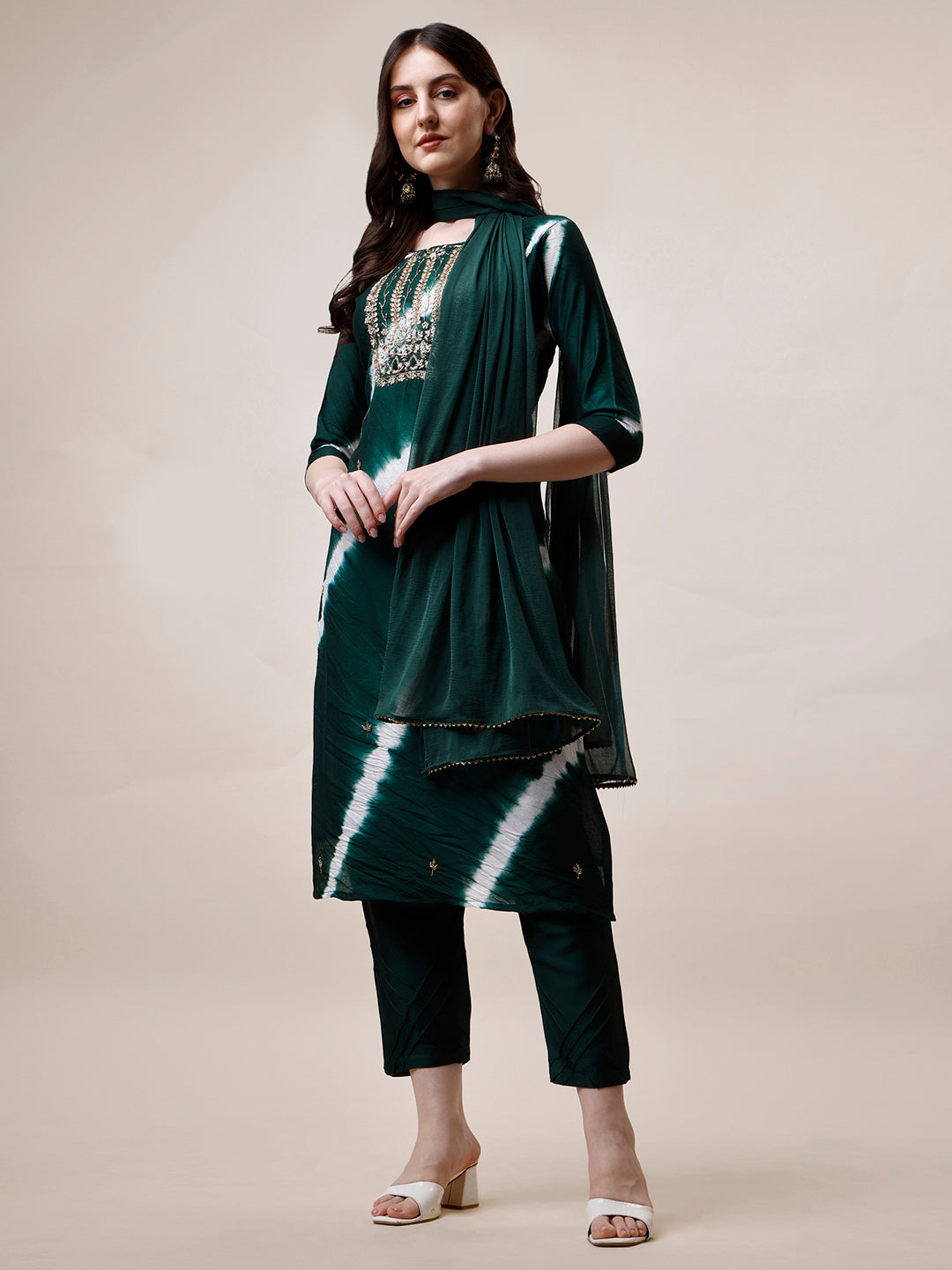 Embroidered And Leheriya Printed Kurta With Pant And Dupatta Set, Multicolor - Hiral Fashion