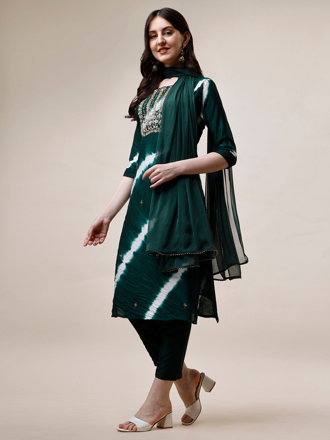 Embroidered And Leheriya Printed Kurta With Pant And Dupatta Set, Multicolor - Hiral Fashion