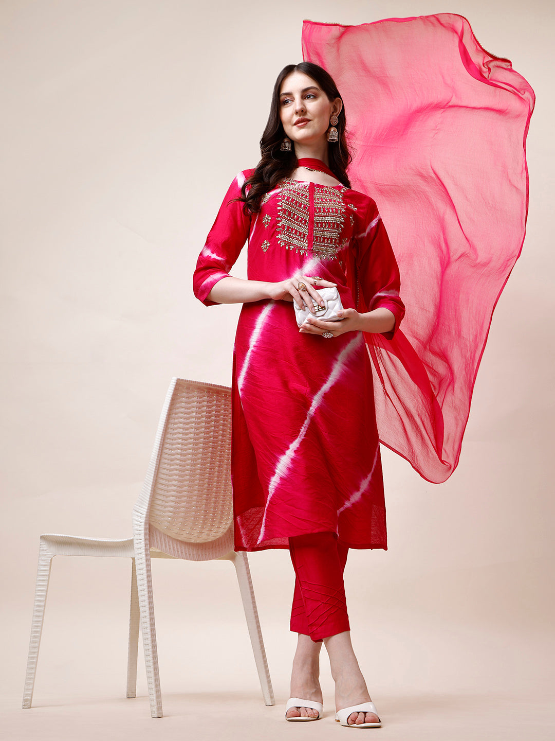 Embroidered And Leheriya Printed Kurta With Pant And Dupatta Set, Multicolor - Hiral Fashion