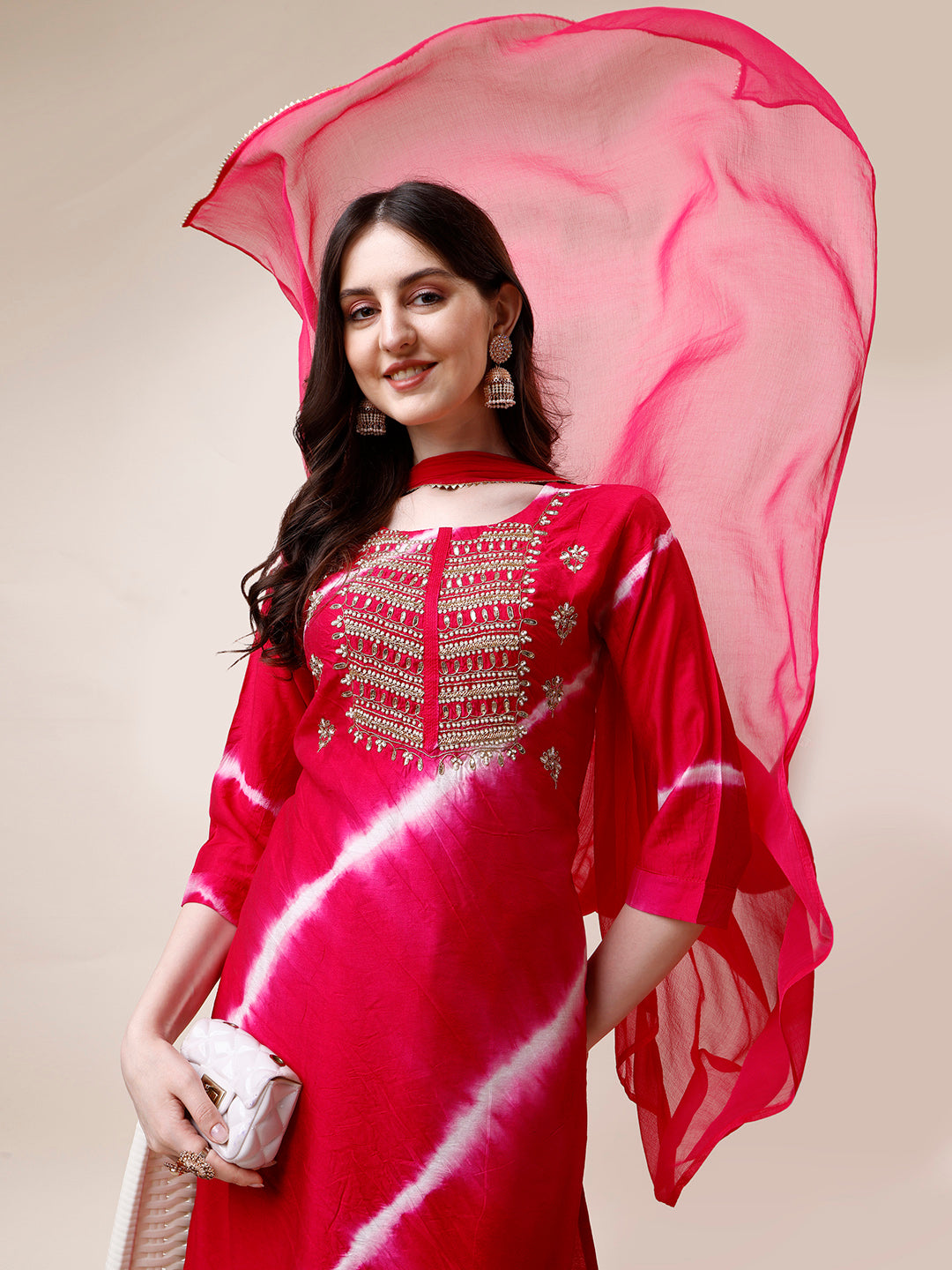 Embroidered And Leheriya Printed Kurta With Pant And Dupatta Set, Multicolor - Hiral Fashion