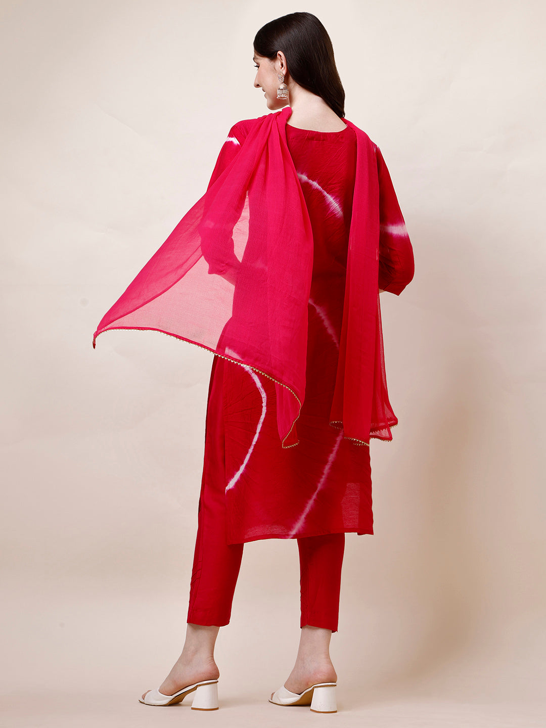 Embroidered And Leheriya Printed Kurta With Pant And Dupatta Set, Multicolor - Hiral Fashion