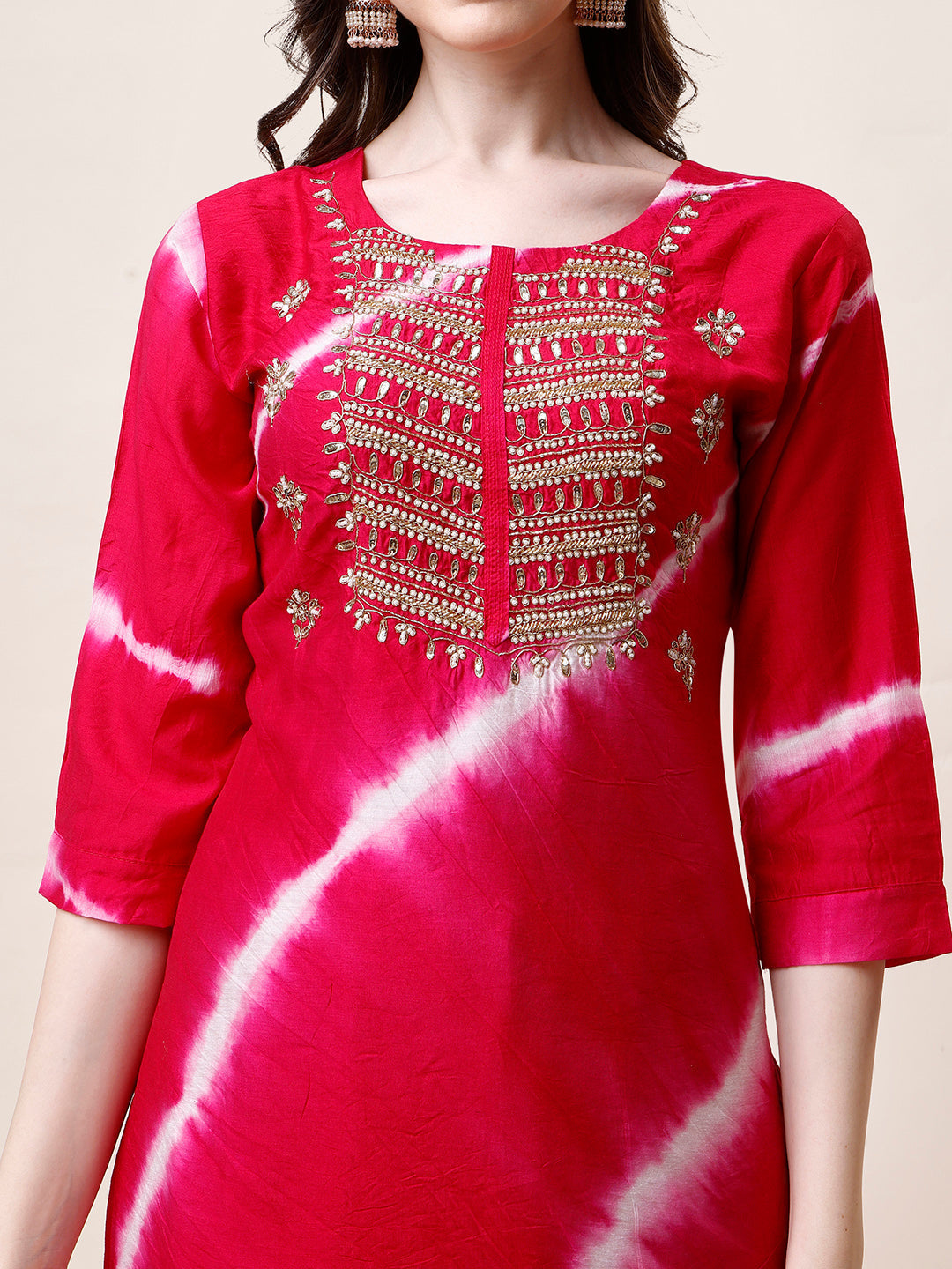 Embroidered And Leheriya Printed Kurta With Pant And Dupatta Set, Multicolor - Hiral Fashion