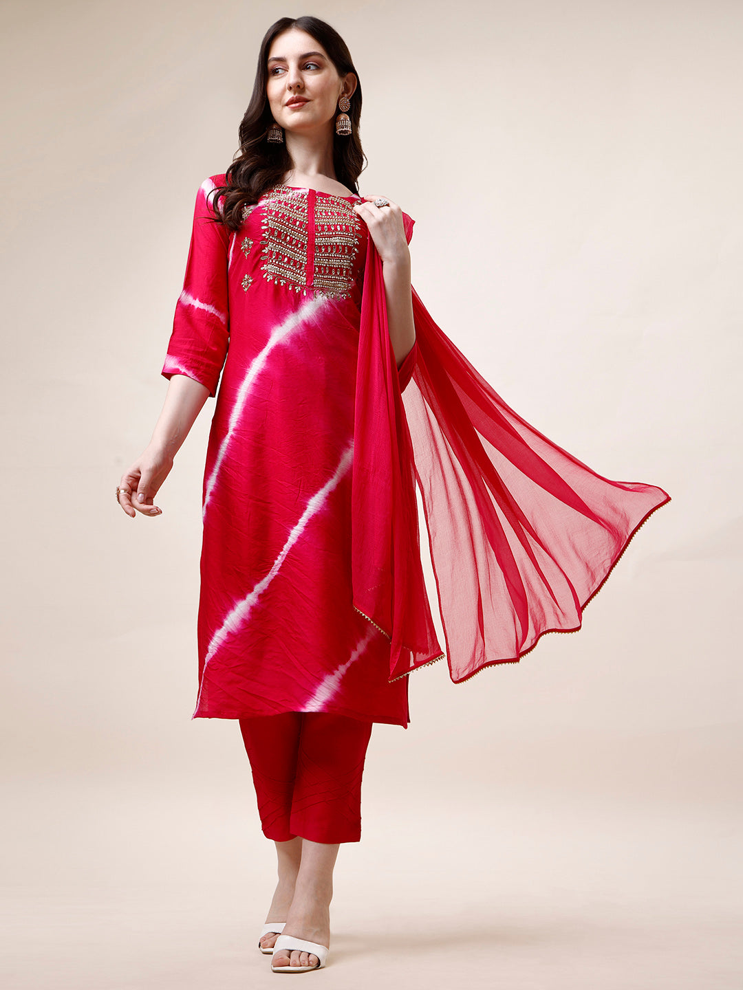 Embroidered And Leheriya Printed Kurta With Pant And Dupatta Set, Multicolor - Hiral Fashion