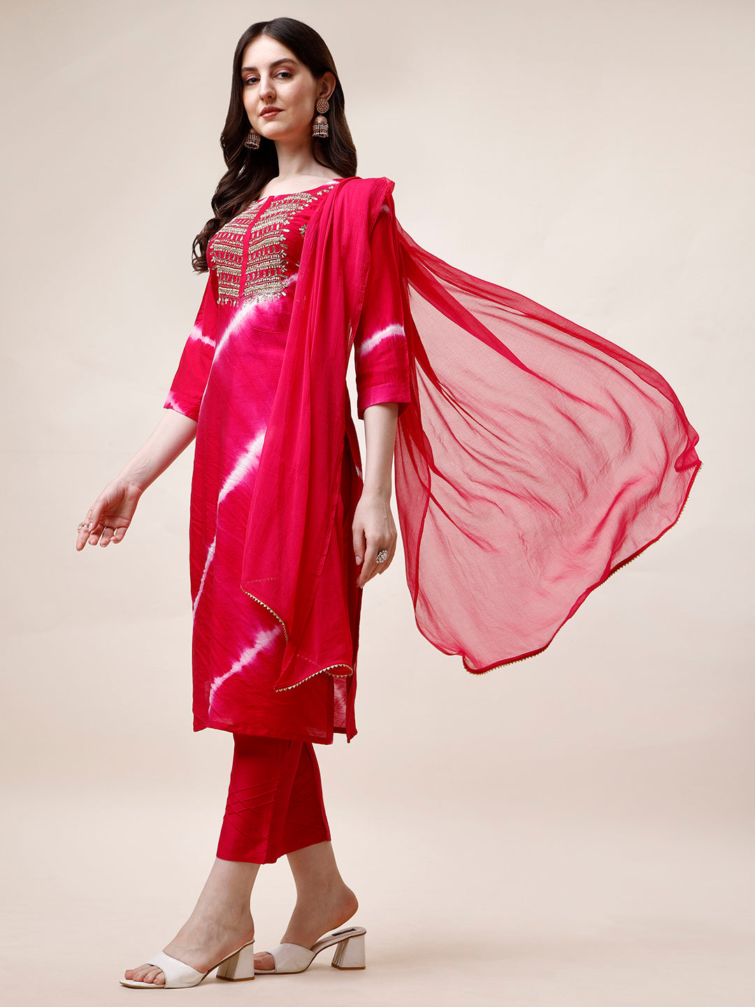 Embroidered And Leheriya Printed Kurta With Pant And Dupatta Set, Multicolor - Hiral Fashion