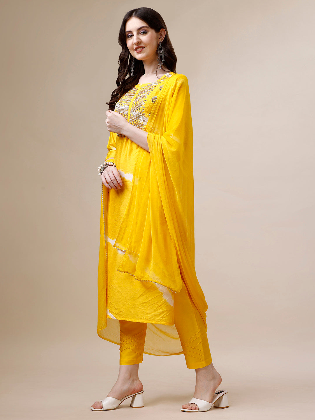 Embroidered And Leheriya Printed Kurta With Pant And Dupatta Set, Multicolor - Hiral Fashion