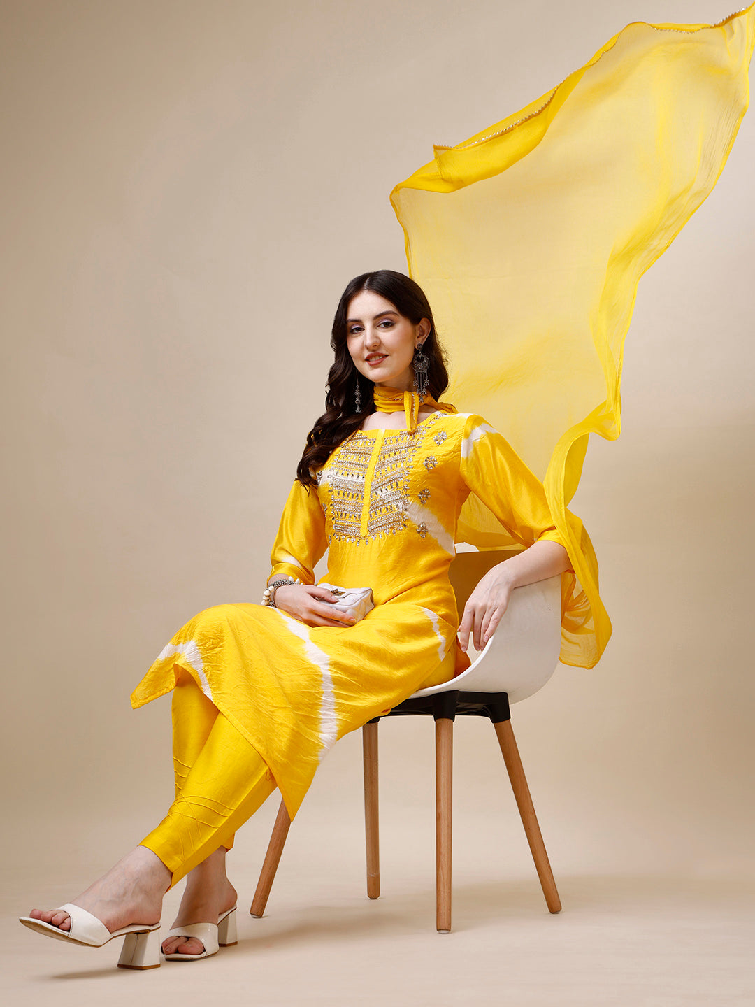 Embroidered And Leheriya Printed Kurta With Pant And Dupatta Set, Multicolor - Hiral Fashion