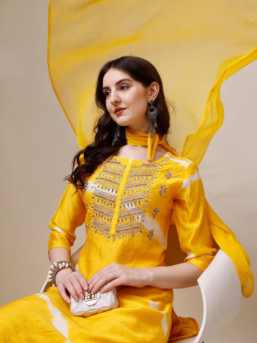 Embroidered And Leheriya Printed Kurta With Pant And Dupatta Set, Multicolor - Hiral Fashion