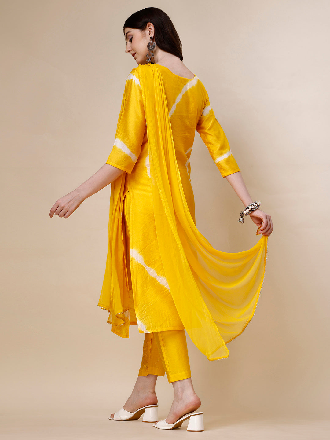 Embroidered And Leheriya Printed Kurta With Pant And Dupatta Set, Multicolor - Hiral Fashion