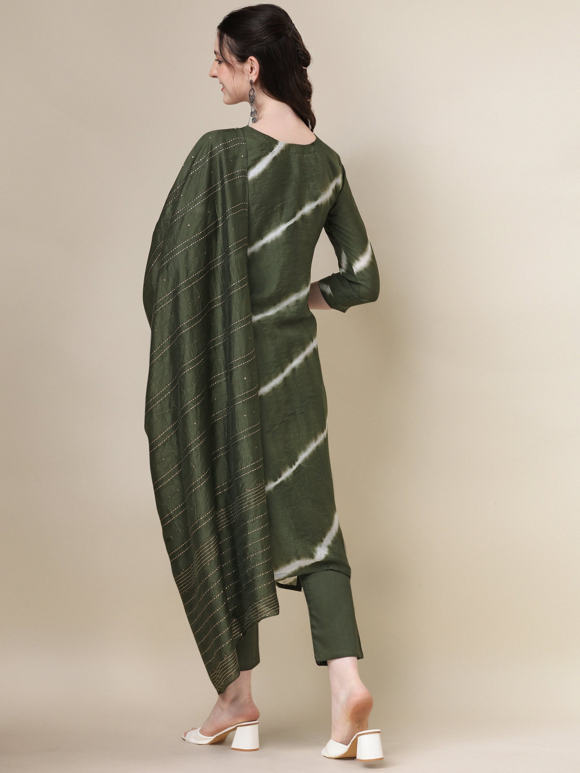Leheriya Printed & Hand Embroidered Kurta With Pant & Dupatta Set, Multicolor - Hiral Fashion