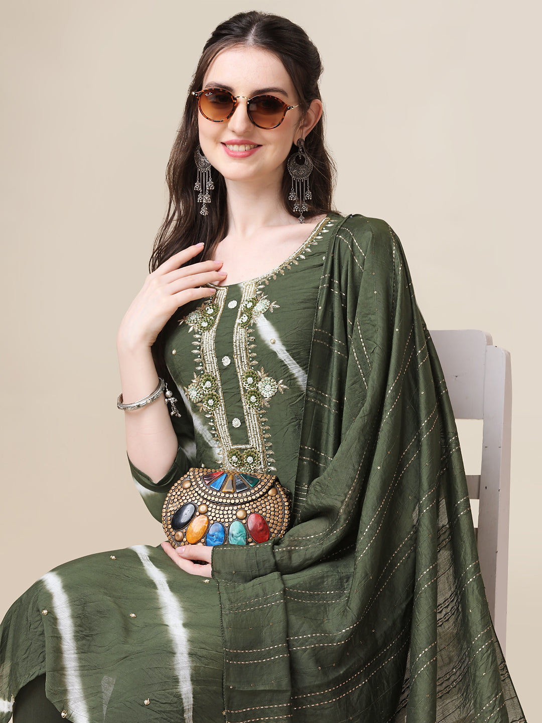 Leheriya Printed & Hand Embroidered Kurta With Pant & Dupatta Set, Multicolor - Hiral Fashion