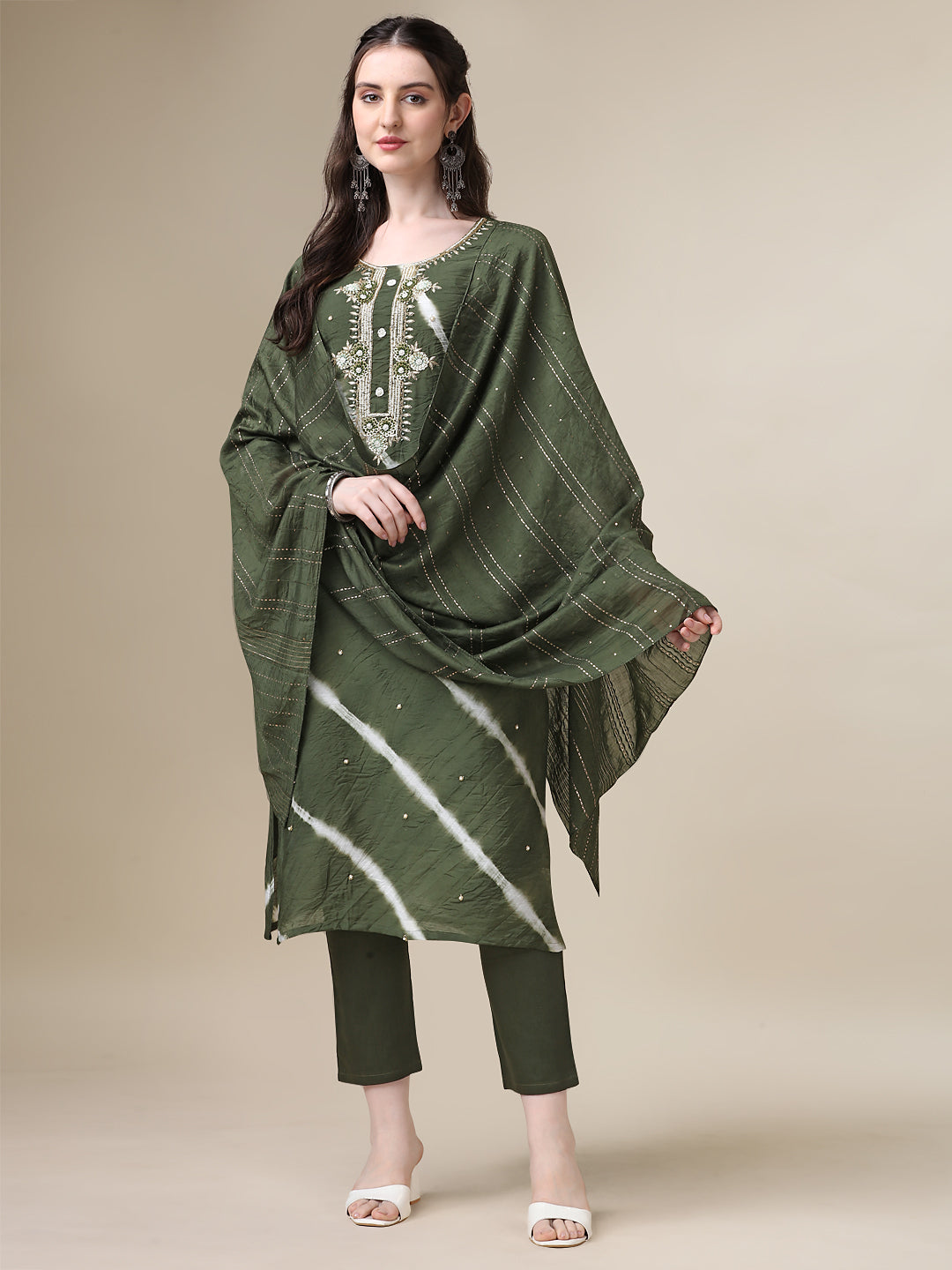 Leheriya Printed & Hand Embroidered Kurta With Pant & Dupatta Set, Multicolor - Hiral Fashion