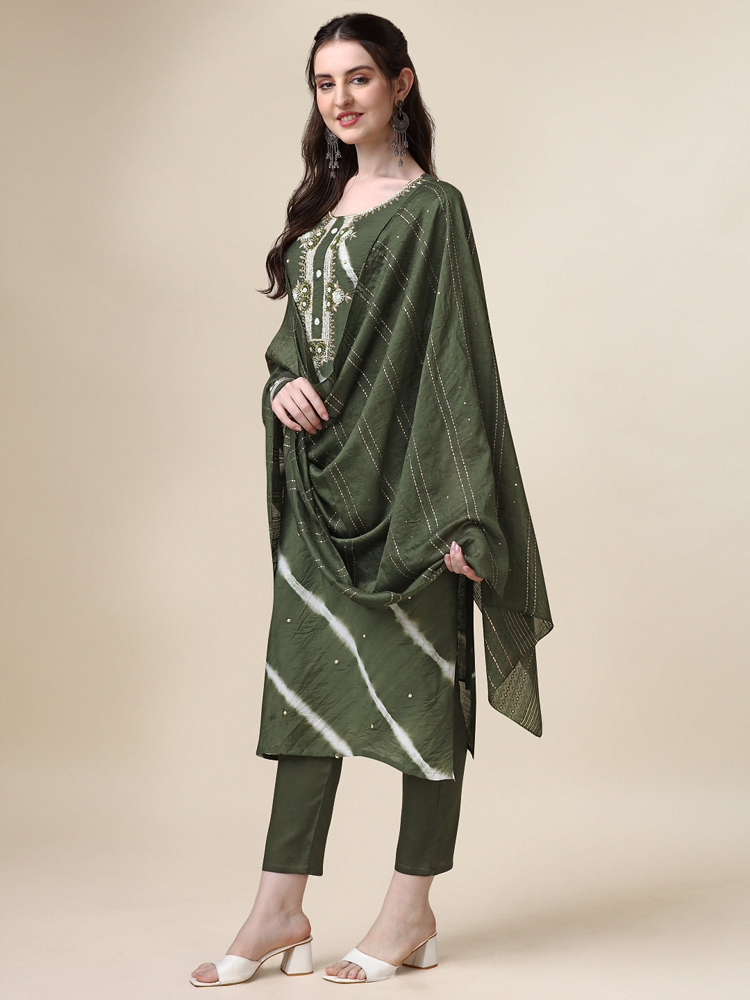 Leheriya Printed & Hand Embroidered Kurta With Pant & Dupatta Set, Multicolor - Hiral Fashion