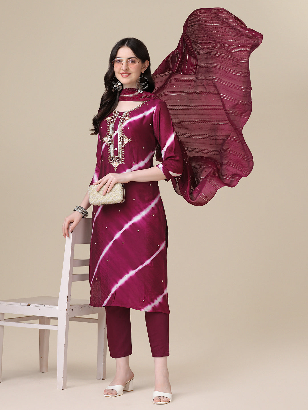 Leheriya Printed & Hand Embroidered Kurta With Pant & Dupatta Set, Multicolor - Hiral Fashion
