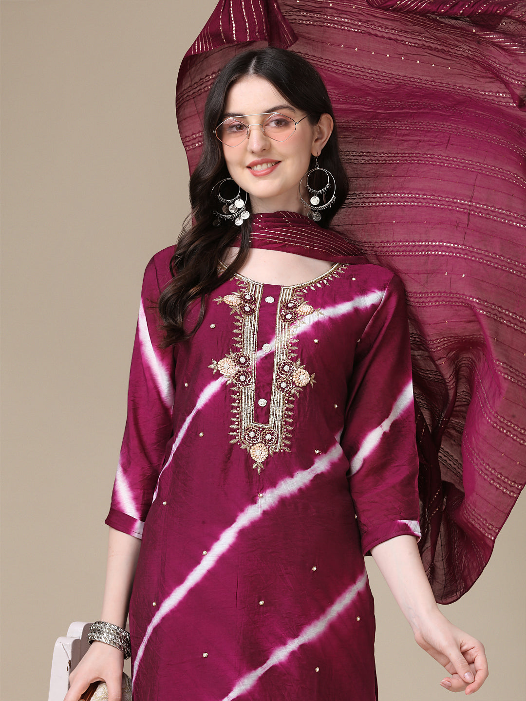 Leheriya Printed & Hand Embroidered Kurta With Pant & Dupatta Set, Multicolor - Hiral Fashion