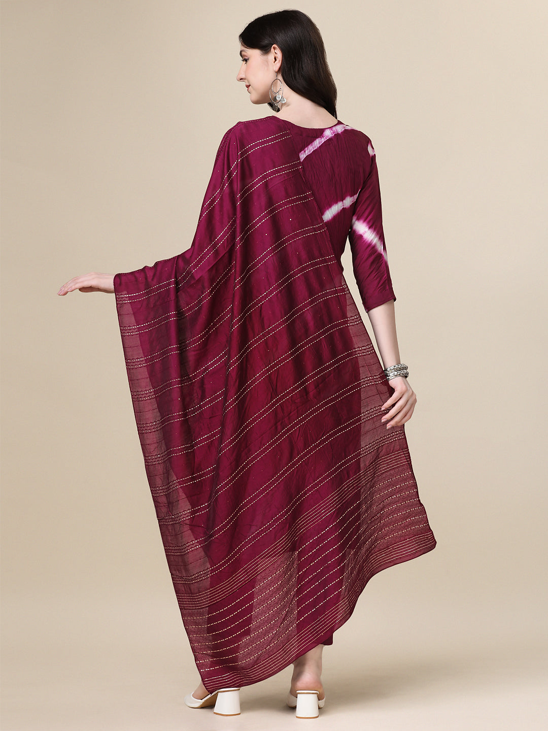 Leheriya Printed & Hand Embroidered Kurta With Pant & Dupatta Set, Multicolor - Hiral Fashion