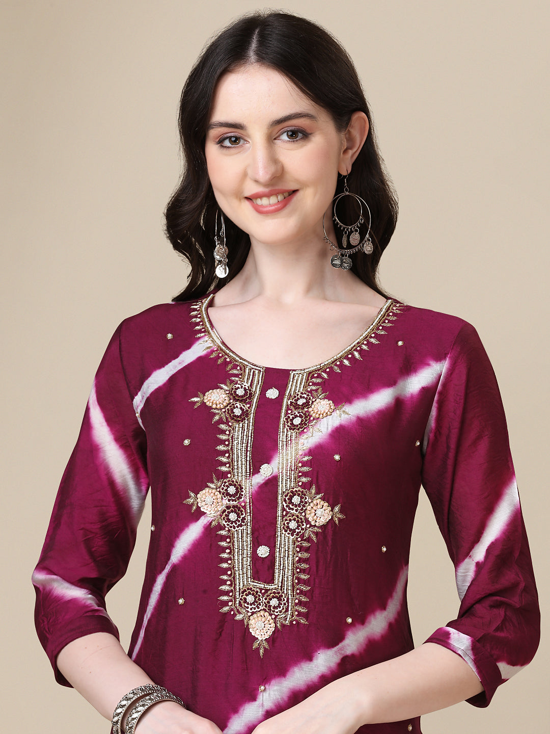 Leheriya Printed & Hand Embroidered Kurta With Pant & Dupatta Set, Multicolor - Hiral Fashion
