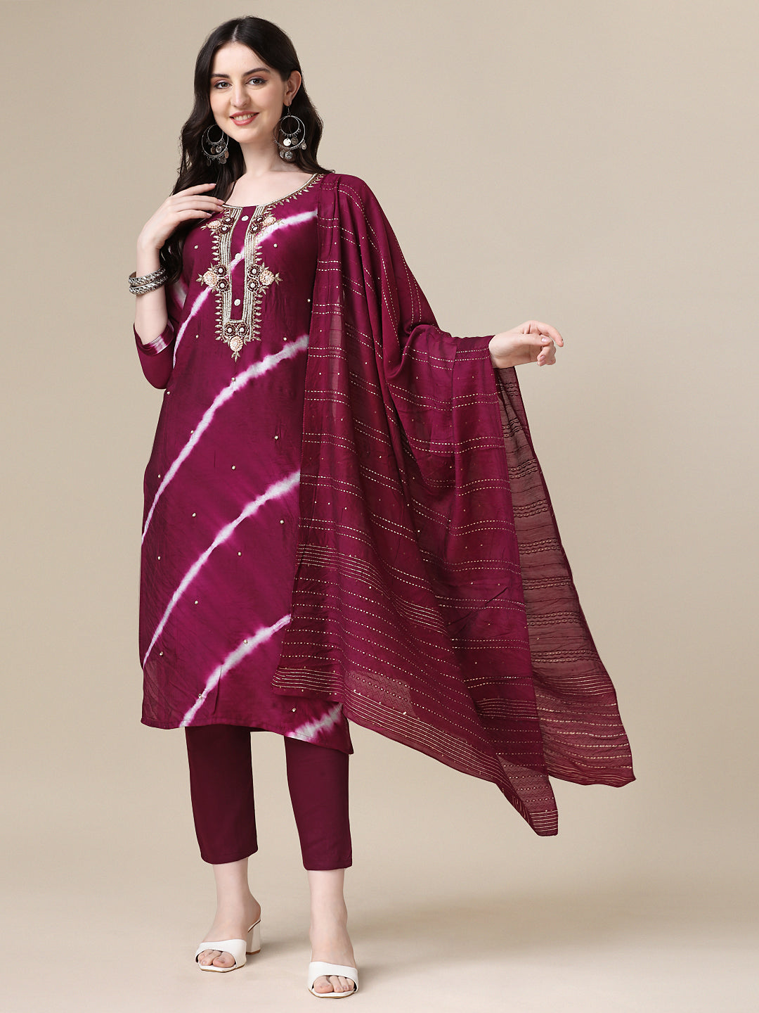 Leheriya Printed & Hand Embroidered Kurta With Pant & Dupatta Set, Multicolor - Hiral Fashion