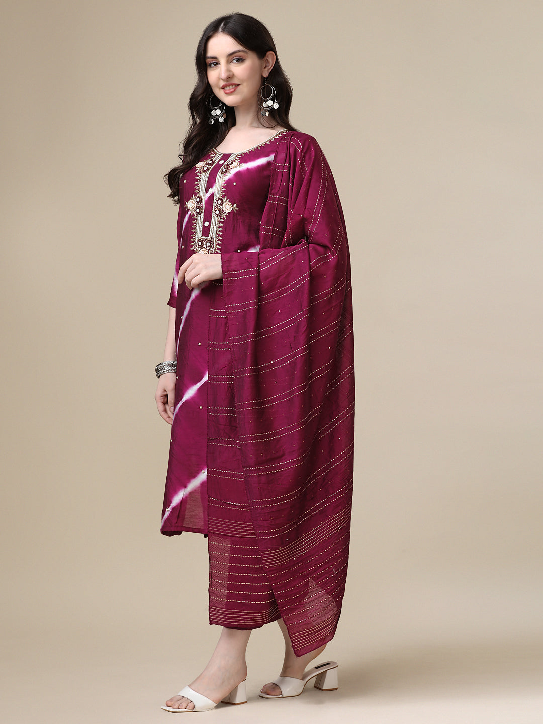 Leheriya Printed & Hand Embroidered Kurta With Pant & Dupatta Set, Multicolor - Hiral Fashion