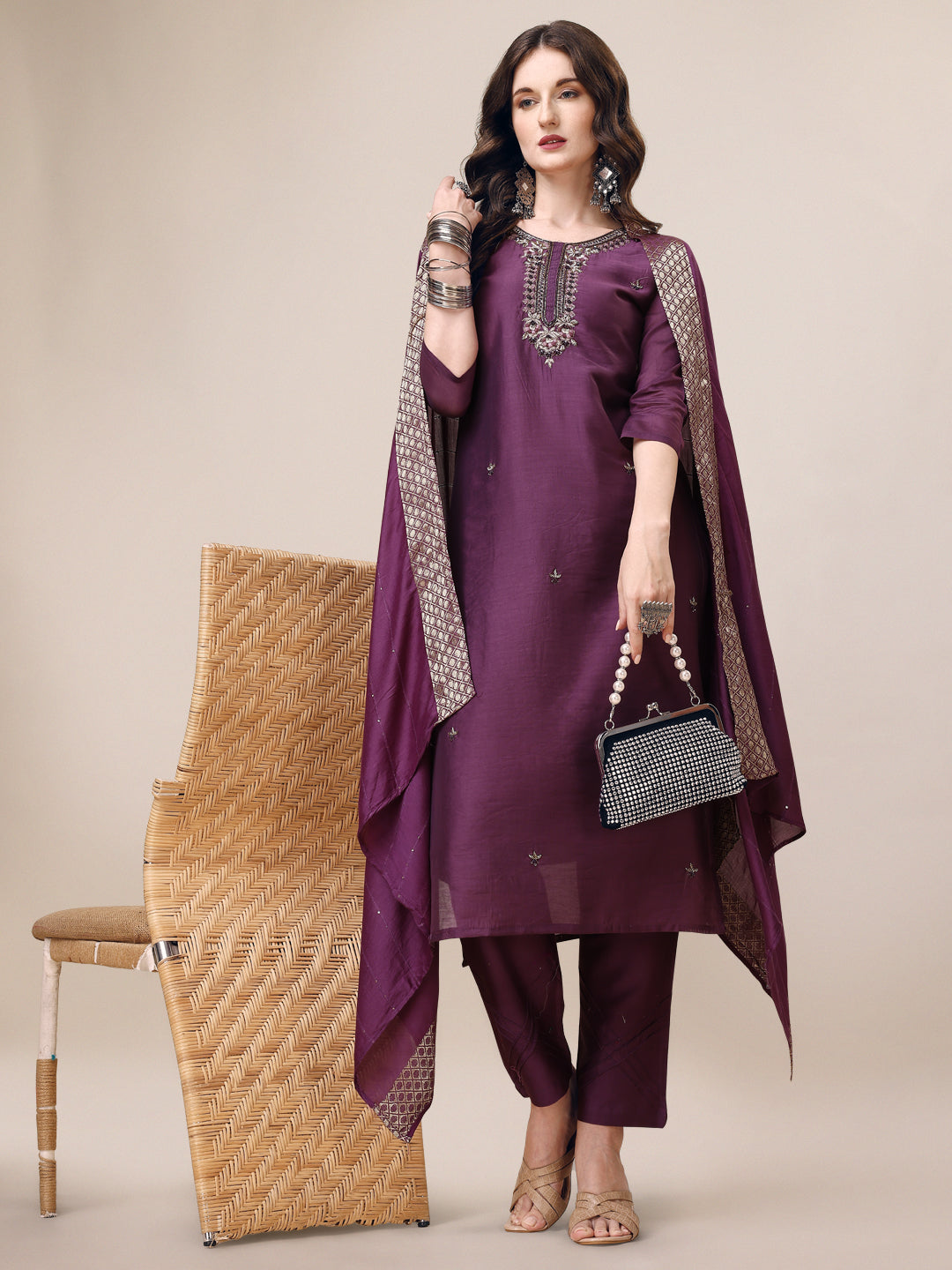 Hand Embroidered Kurta With Pant & Dupatta Set, Multicolor - Hiral Fashion