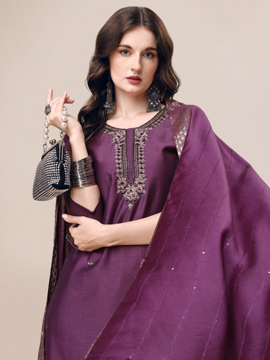 Hand Embroidered Kurta With Pant & Dupatta Set, Multicolor - Hiral Fashion