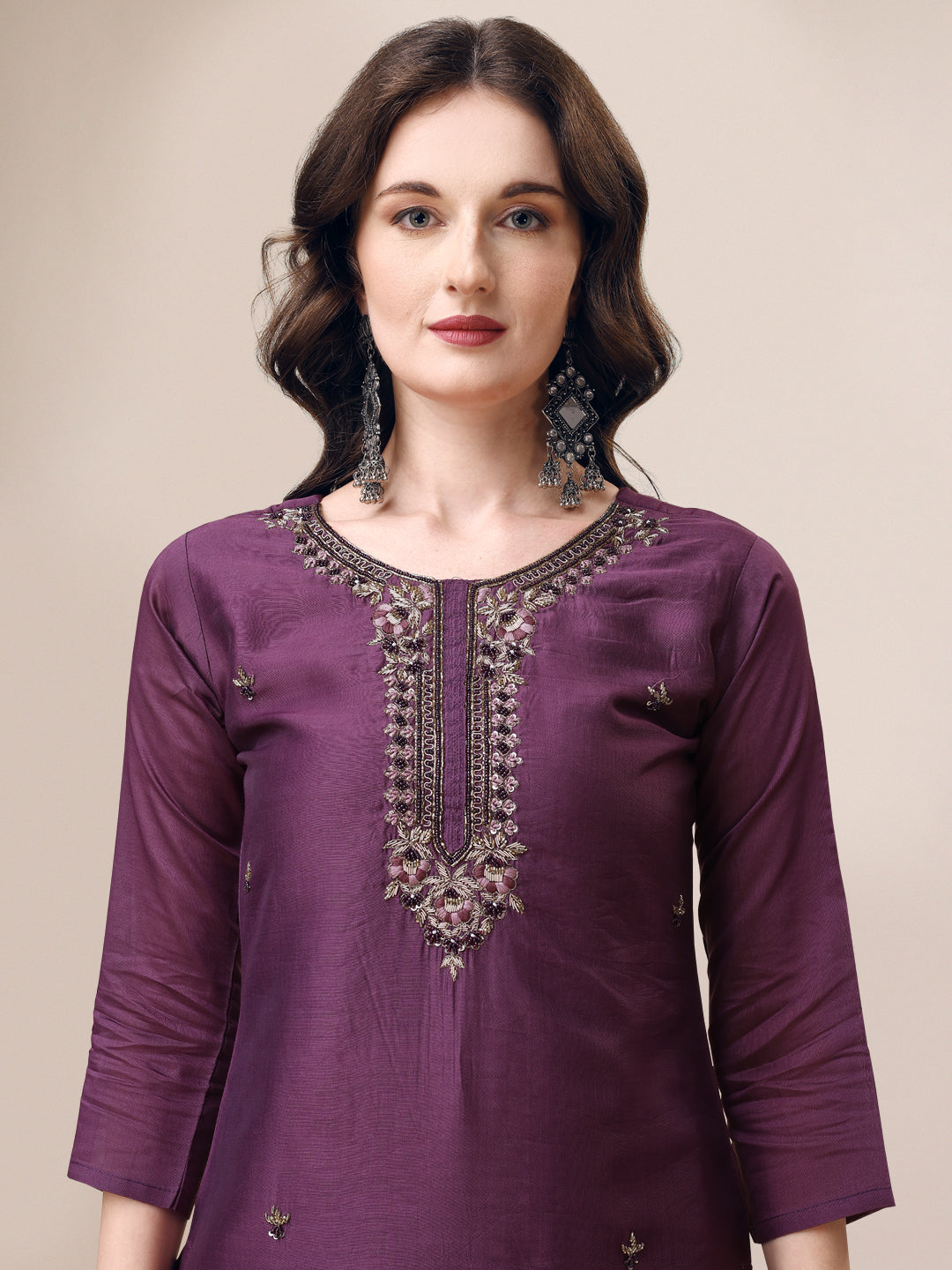 Hand Embroidered Kurta With Pant & Dupatta Set, Multicolor - Hiral Fashion