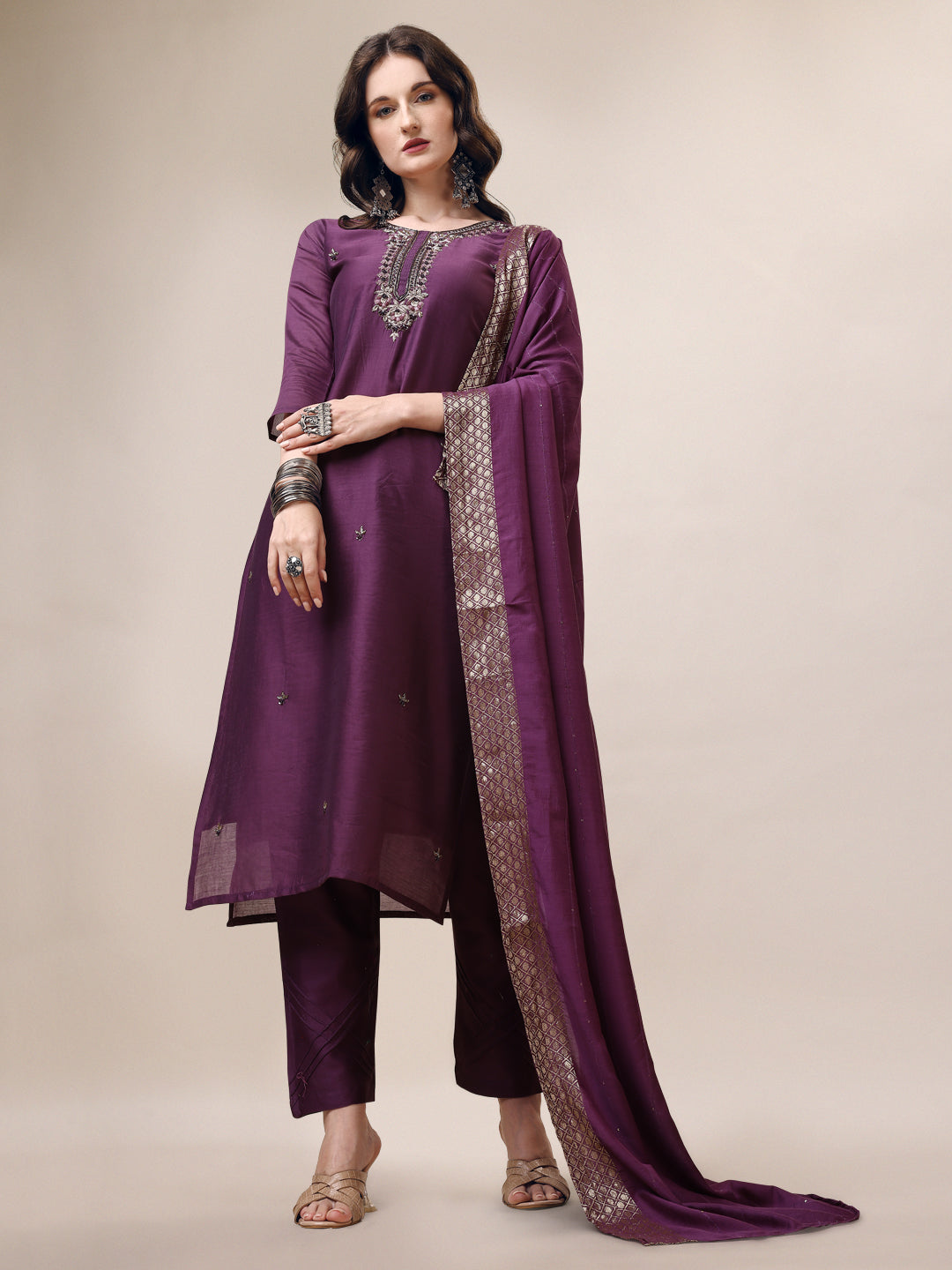 Hand Embroidered Kurta With Pant & Dupatta Set, Multicolor - Hiral Fashion