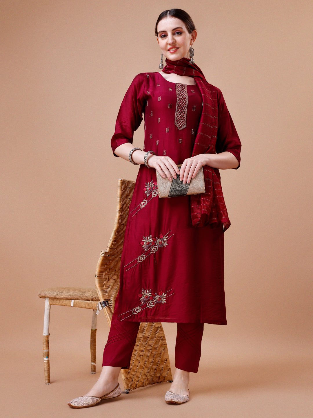Placement Hand Embroidered Kurta With Pant & Dupatta Set, Multicolor - Hiral Fashion