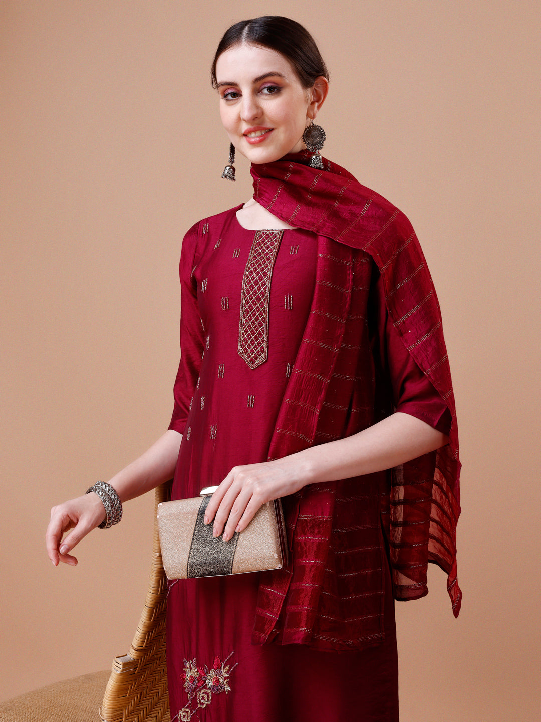 Placement Hand Embroidered Kurta With Pant & Dupatta Set, Multicolor - Hiral Fashion