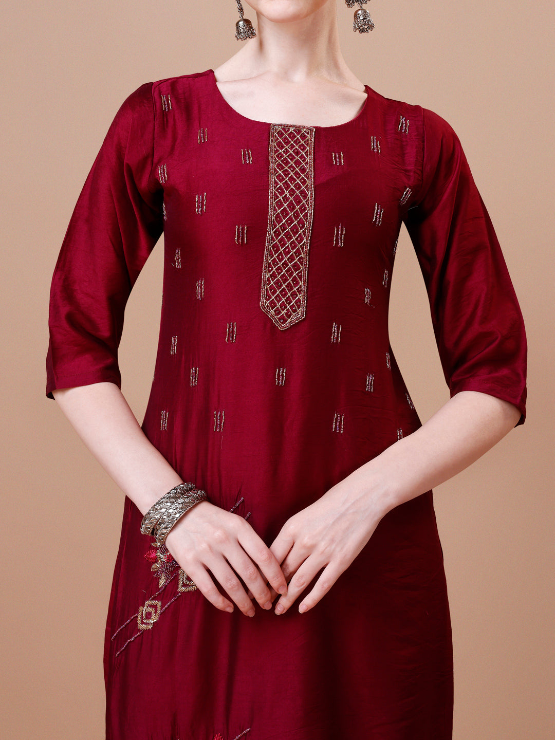 Placement Hand Embroidered Kurta With Pant & Dupatta Set, Multicolor - Hiral Fashion
