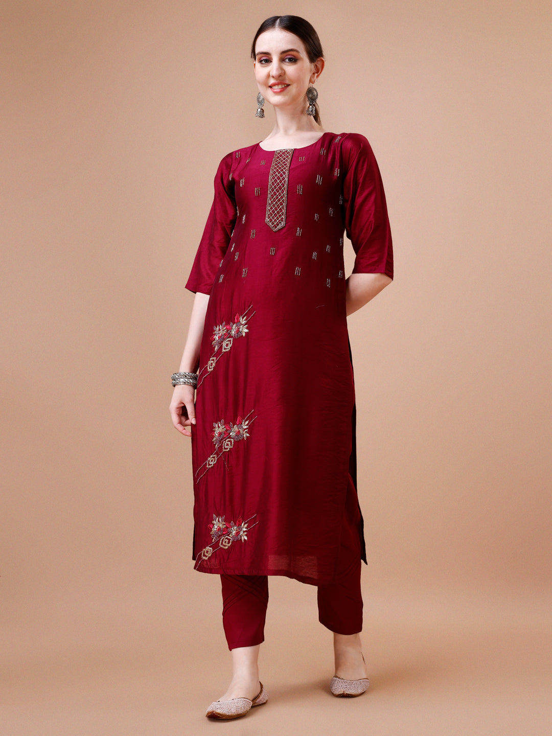 Placement Hand Embroidered Kurta With Pant & Dupatta Set, Multicolor - Hiral Fashion