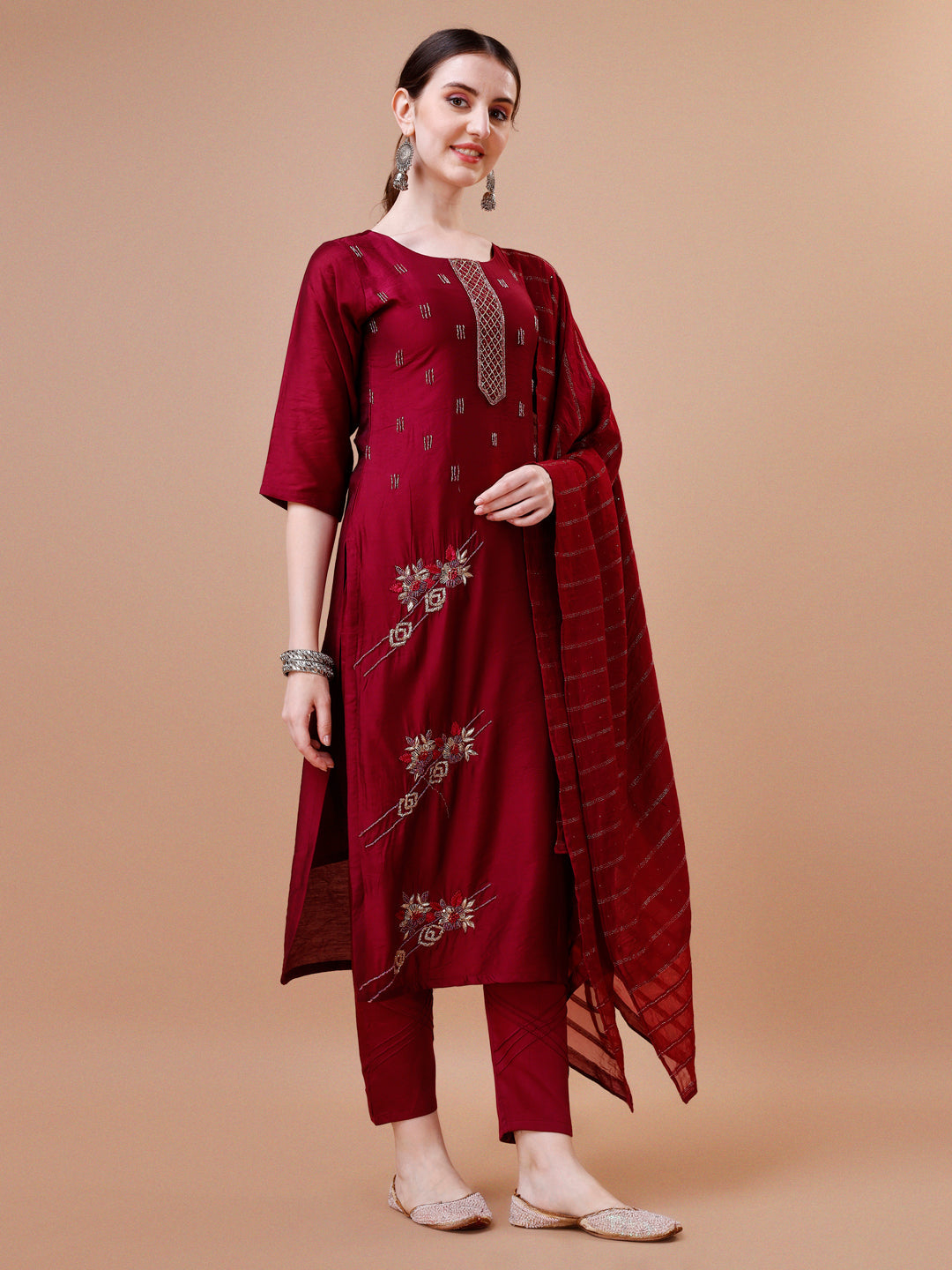Placement Hand Embroidered Kurta With Pant & Dupatta Set, Multicolor - Hiral Fashion