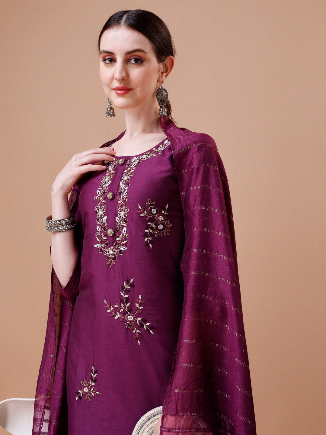 Placement Hand Embroidered Kurta With Pant & Dupatta Set, Multicolor - Hiral Fashion