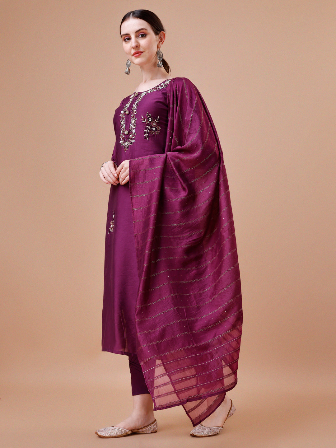 Placement Hand Embroidered Kurta With Pant & Dupatta Set, Multicolor - Hiral Fashion