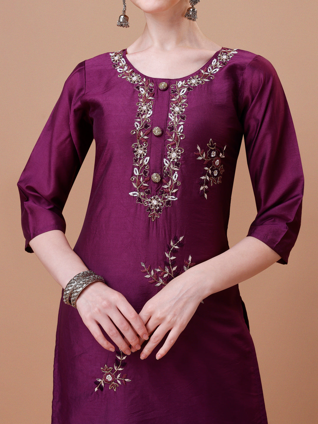Placement Hand Embroidered Kurta With Pant & Dupatta Set, Multicolor - Hiral Fashion