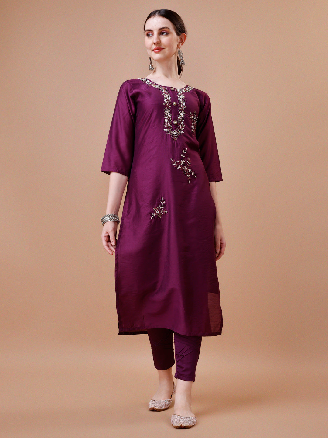 Placement Hand Embroidered Kurta With Pant & Dupatta Set, Multicolor - Hiral Fashion