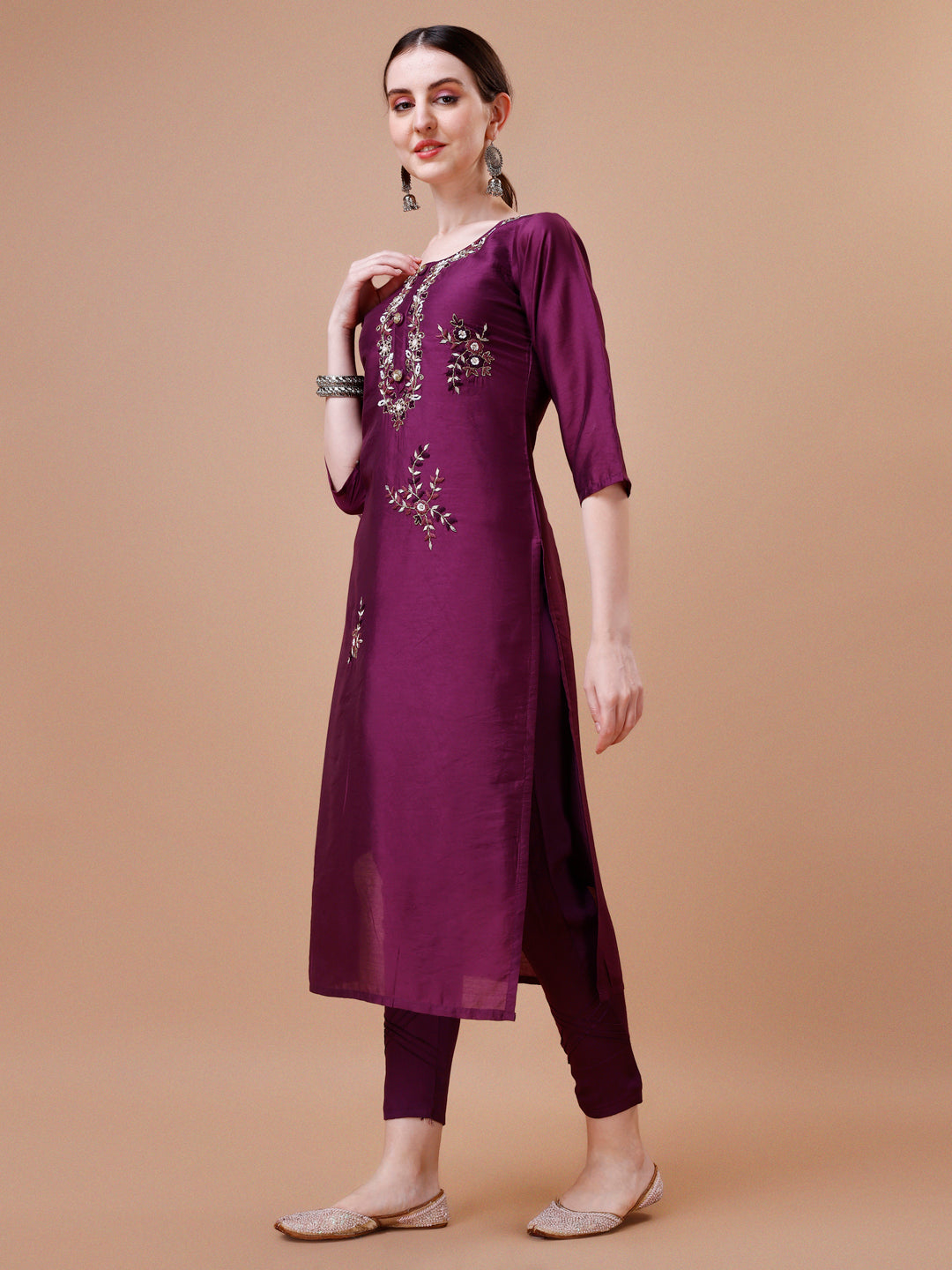 Placement Hand Embroidered Kurta With Pant & Dupatta Set, Multicolor - Hiral Fashion
